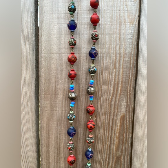 Beautiful Long Beaded Necklace with Red, Blue, and Silver Millefiori vibe Beads - Picture 6 of 8